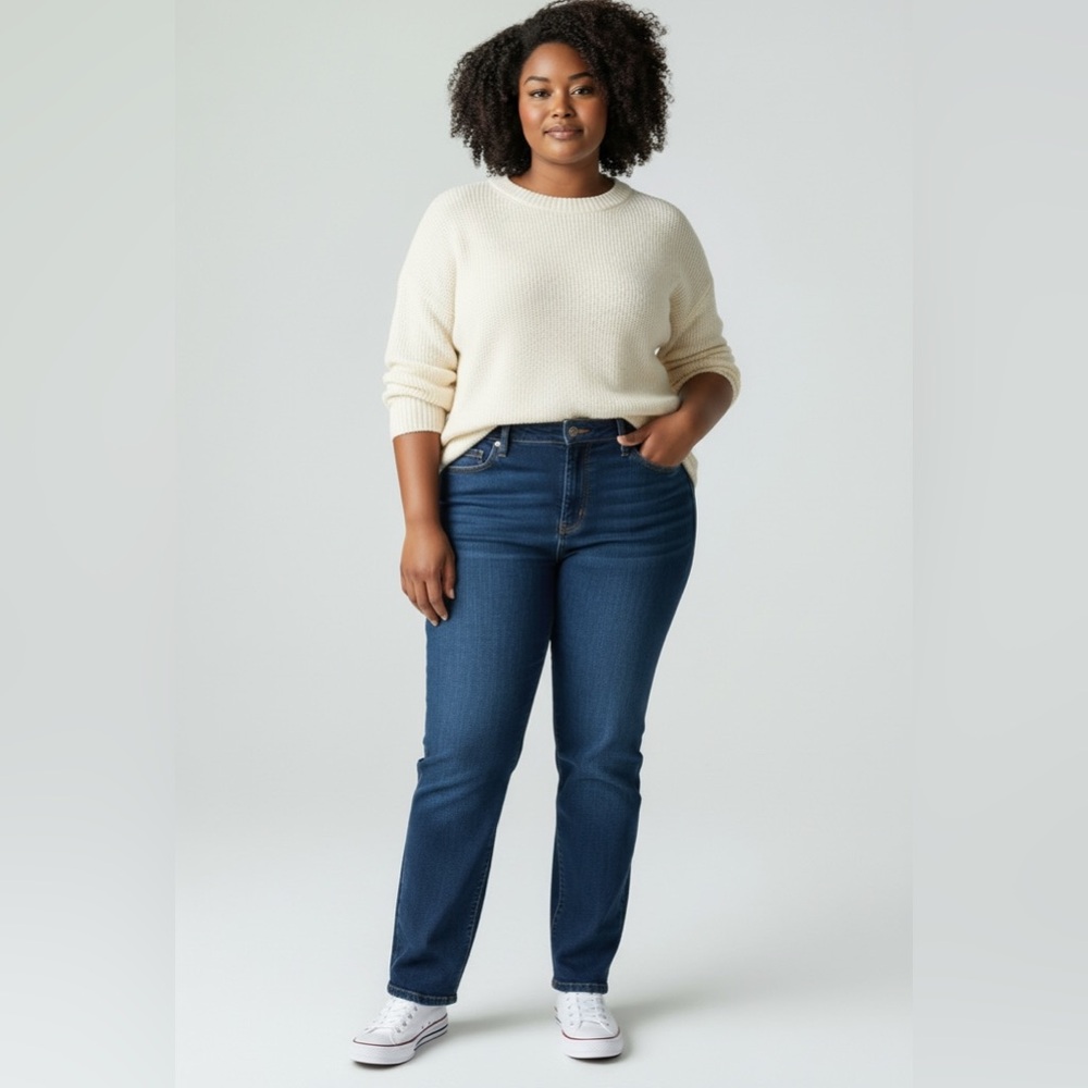 Lands' End Blue high rise Straight Leg Jeans Classic Style in dark blue denim